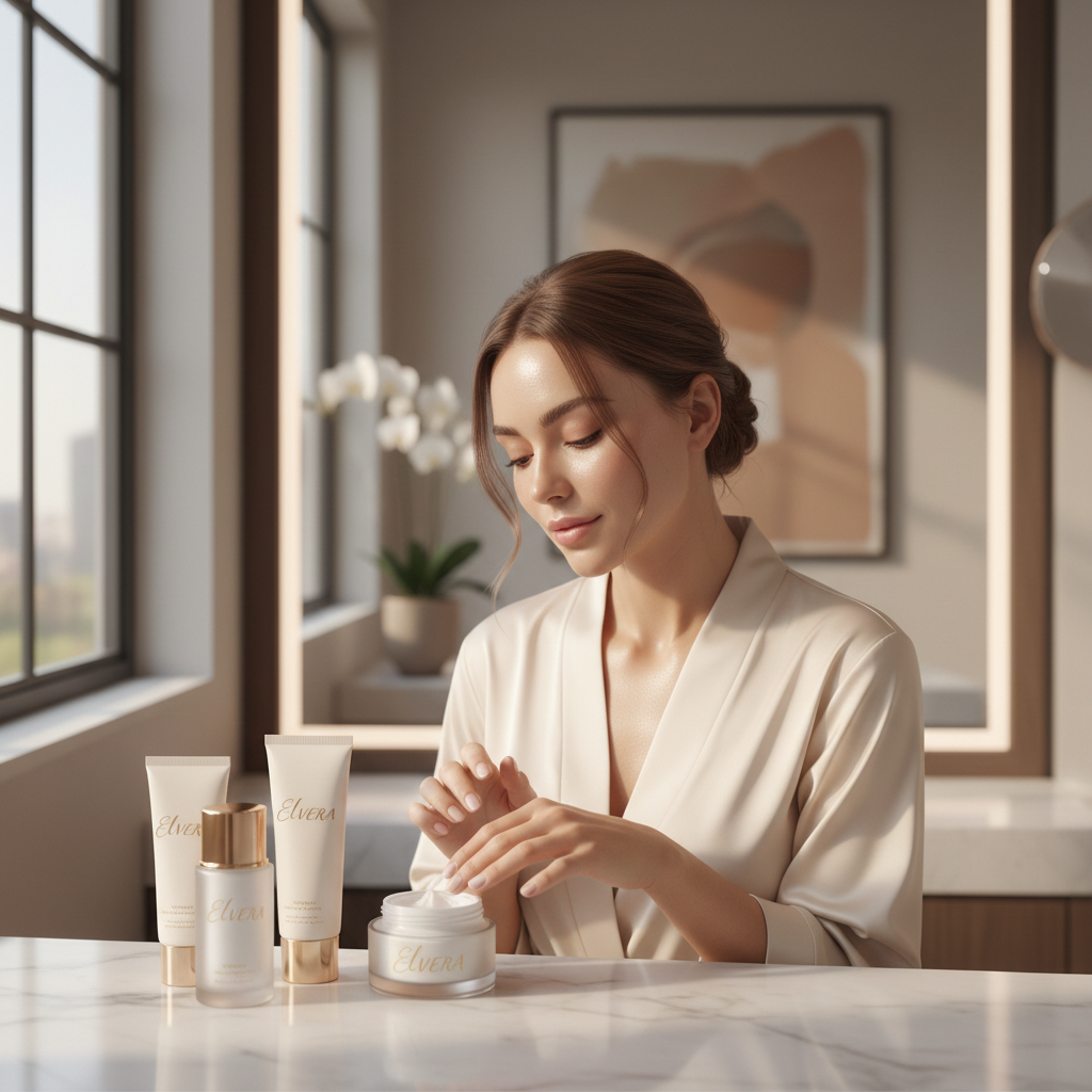 Woman with glowing skin applying ELVERA™ Vitamin C Skin Care Set